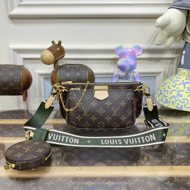 Replica bags Goldcolor Louis Vuitton Multi Pochette Accessoires Khaki and Pink Strap