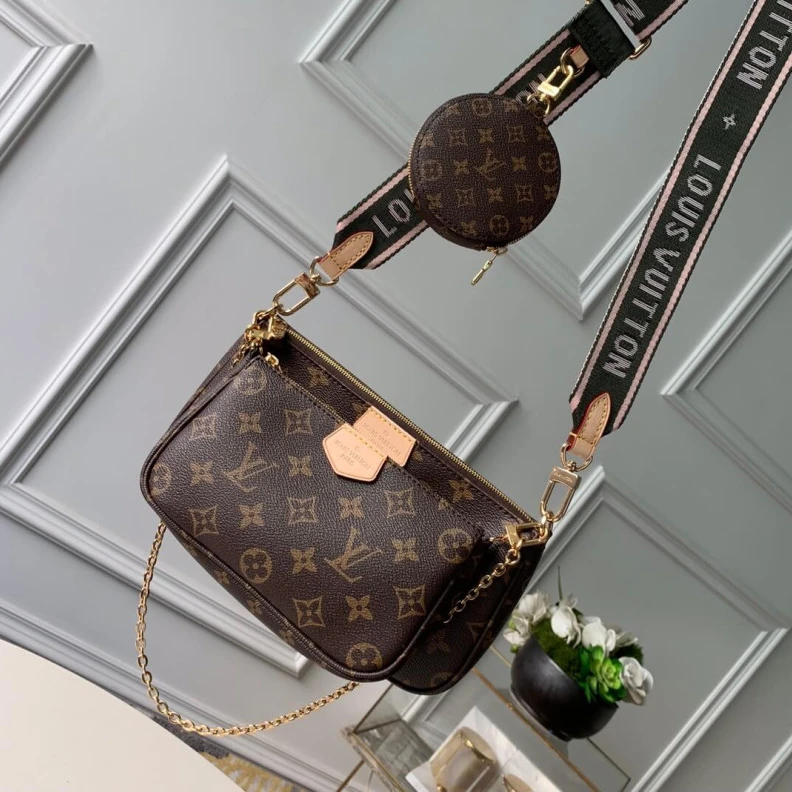 Replica bags Goldcolor Louis Vuitton Multi Pochette Accessoires Khaki and Pink Strap