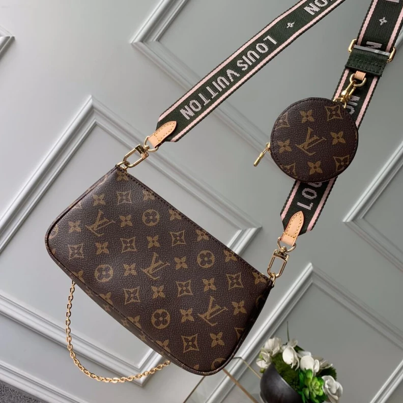 Replica bags Goldcolor Louis Vuitton Multi Pochette Accessoires Khaki and Pink Strap