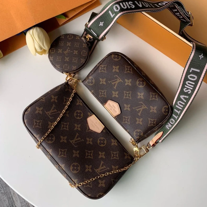 Replica bags Goldcolor Louis Vuitton Multi Pochette Accessoires Khaki and Pink Strap