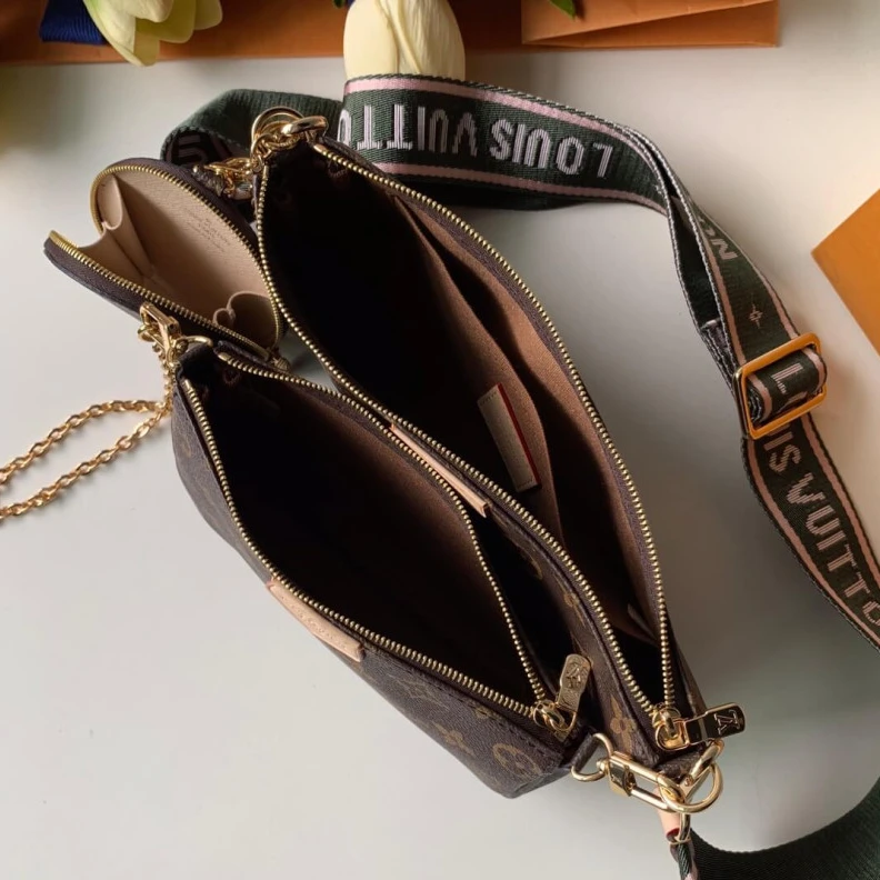 Replica bags Goldcolor Louis Vuitton Multi Pochette Accessoires Khaki and Pink Strap