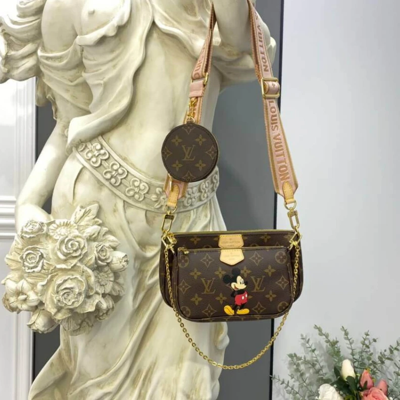 Strap:Rem LV Multi Pochette Accessoires With Mickey Mouse Print Bag 3in1 Pink