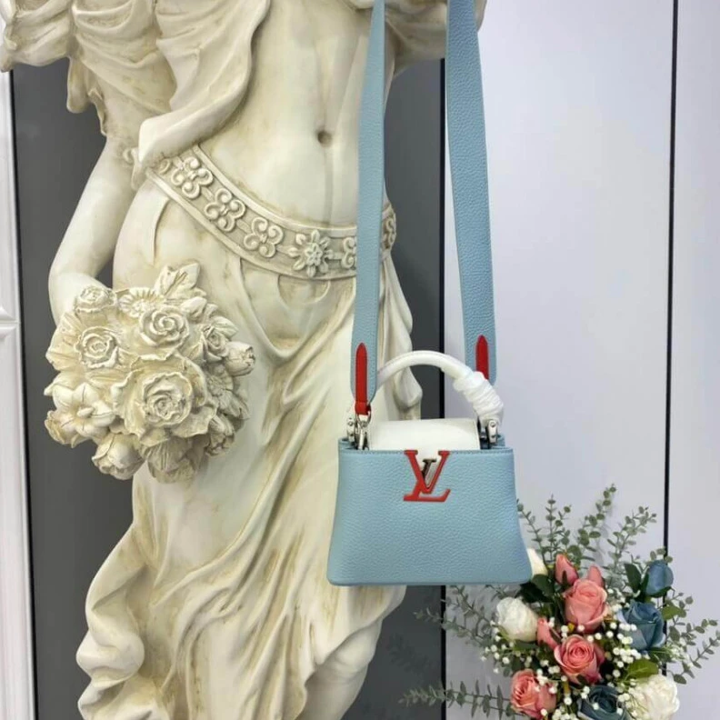 Lv belts replica Louis Vuitton Taurillon Leather Capucines Mini Olympe Blue White