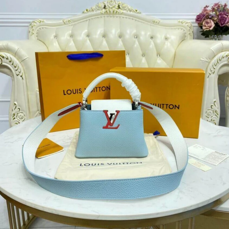 Lv belts replica Louis Vuitton Taurillon Leather Capucines Mini Olympe Blue White