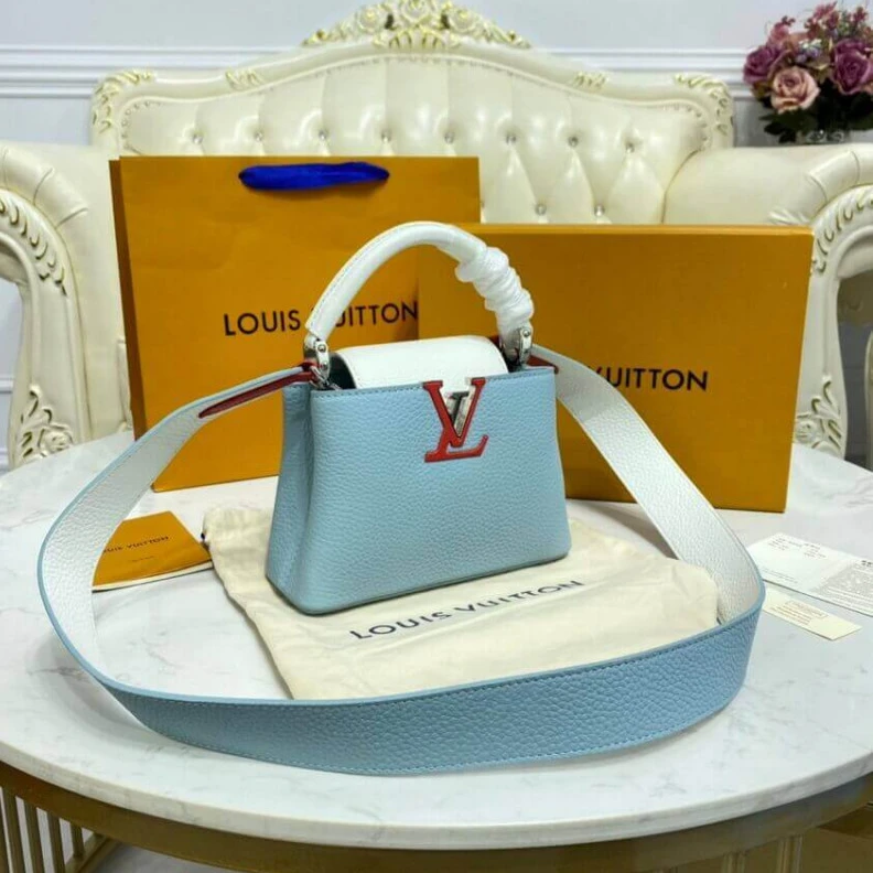 Lv belts replica Louis Vuitton Taurillon Leather Capucines Mini Olympe Blue White