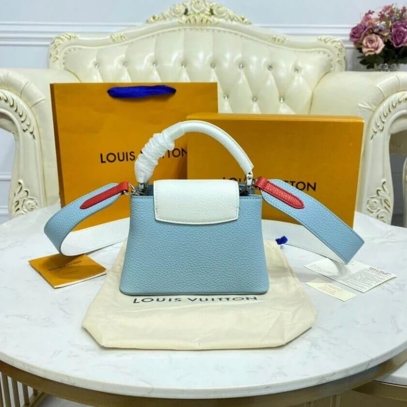 Lv belts replica Louis Vuitton Taurillon Leather Capucines Mini Olympe Blue White