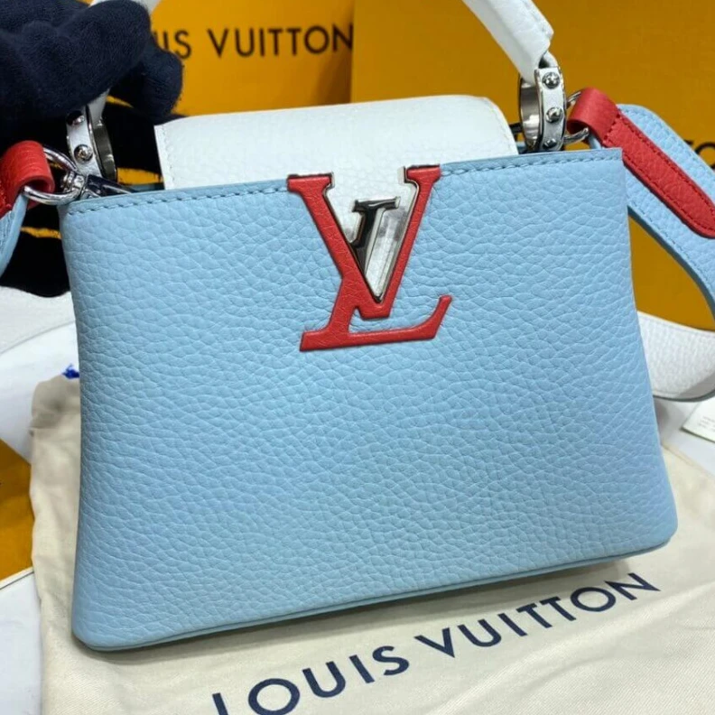 Lv belts replica Louis Vuitton Taurillon Leather Capucines Mini Olympe Blue White