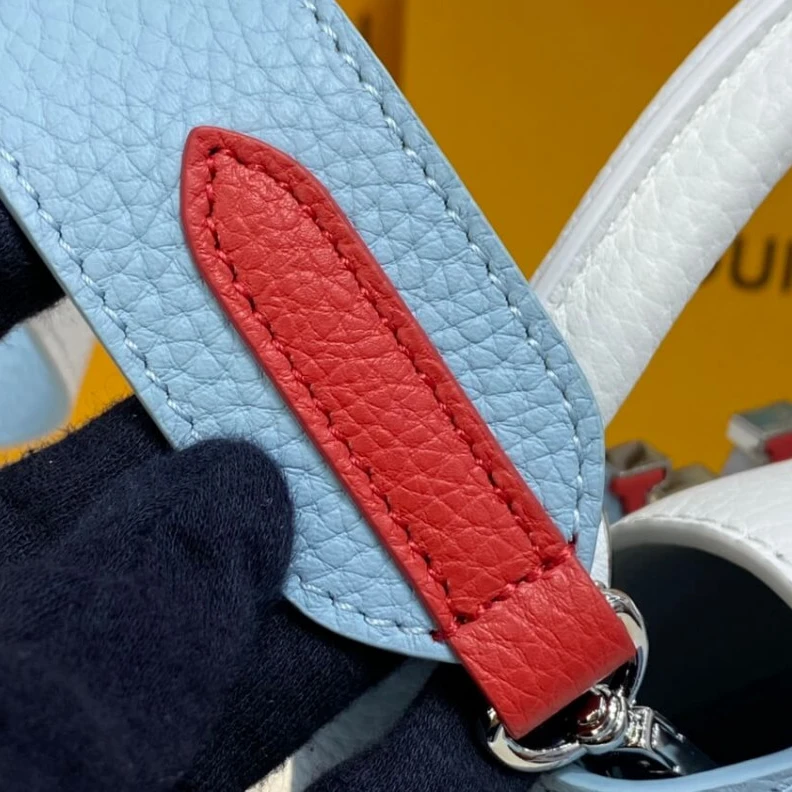 Lv belts replica Louis Vuitton Taurillon Leather Capucines Mini Olympe Blue White