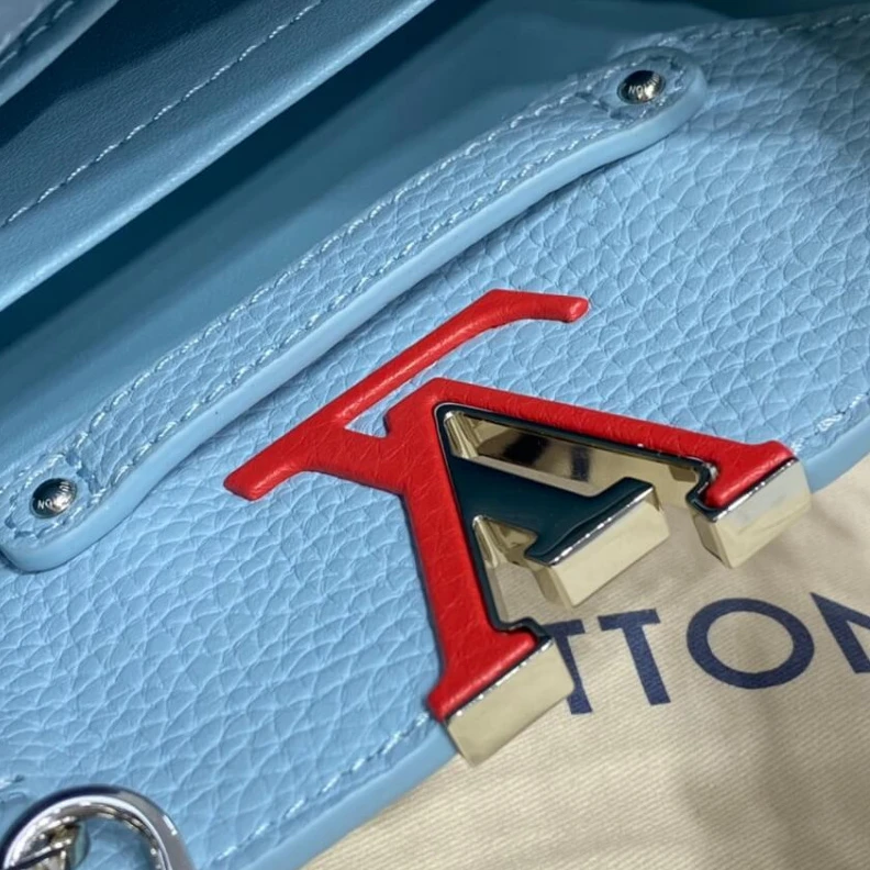 Lv belts replica Louis Vuitton Taurillon Leather Capucines Mini Olympe Blue White