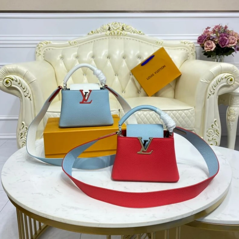 Lv belts replica Louis Vuitton Taurillon Leather Capucines Mini Olympe Blue White
