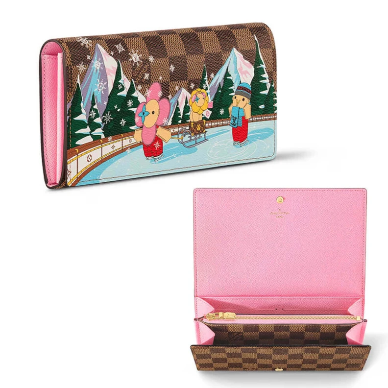 Outside f Louis Vuitton Vivienne Sailing Damier Ebene Sarah Wallet Pink