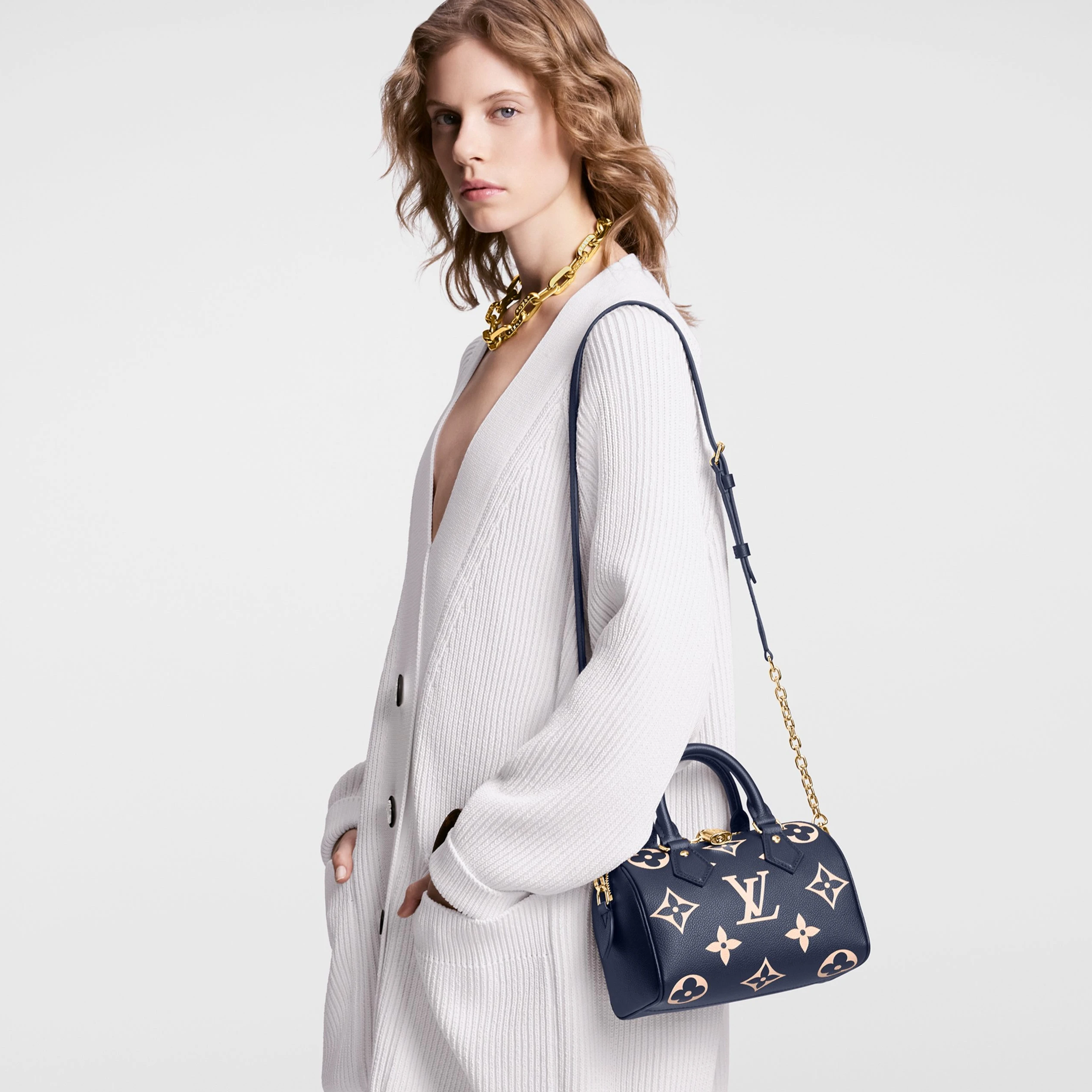 Replica bags Louis Vuitton M47048 Speedy Bandoulière 20 Navy Blue Cream