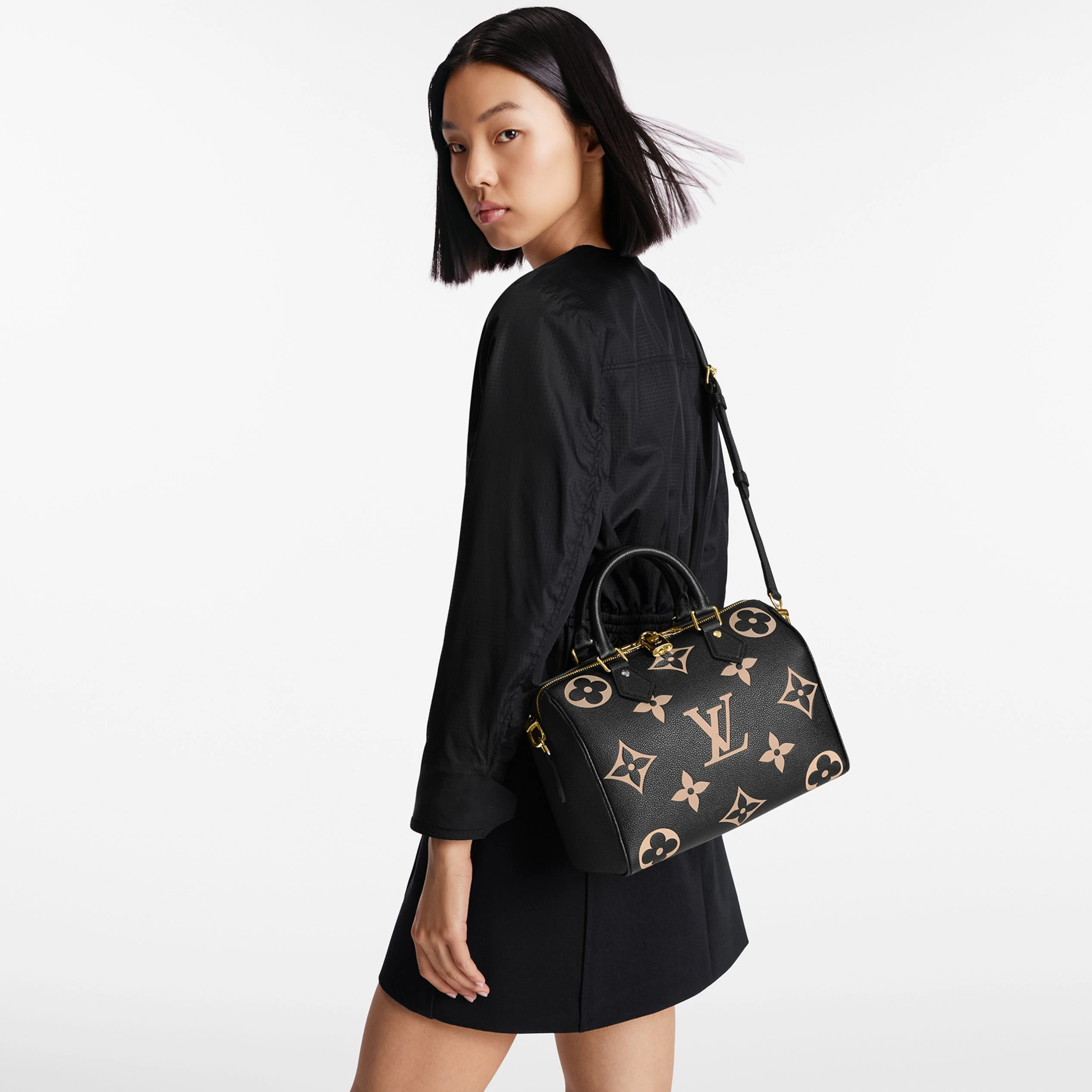 Louis vuitton locations Louis Vuitton M58947 Speedy Bandoulière 25 Bicolor Monogram Empreinte Leather Black Beige