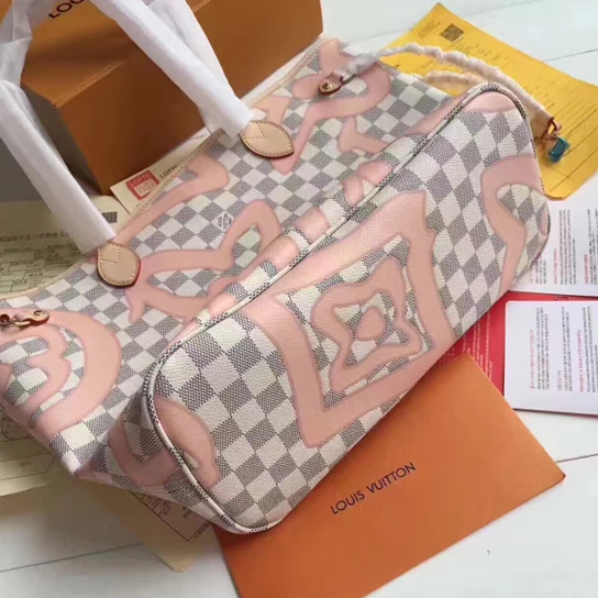 Top lv Louis Vuitton N41050 Neverfull MM Shoulder Bag Damier Azur Canvas