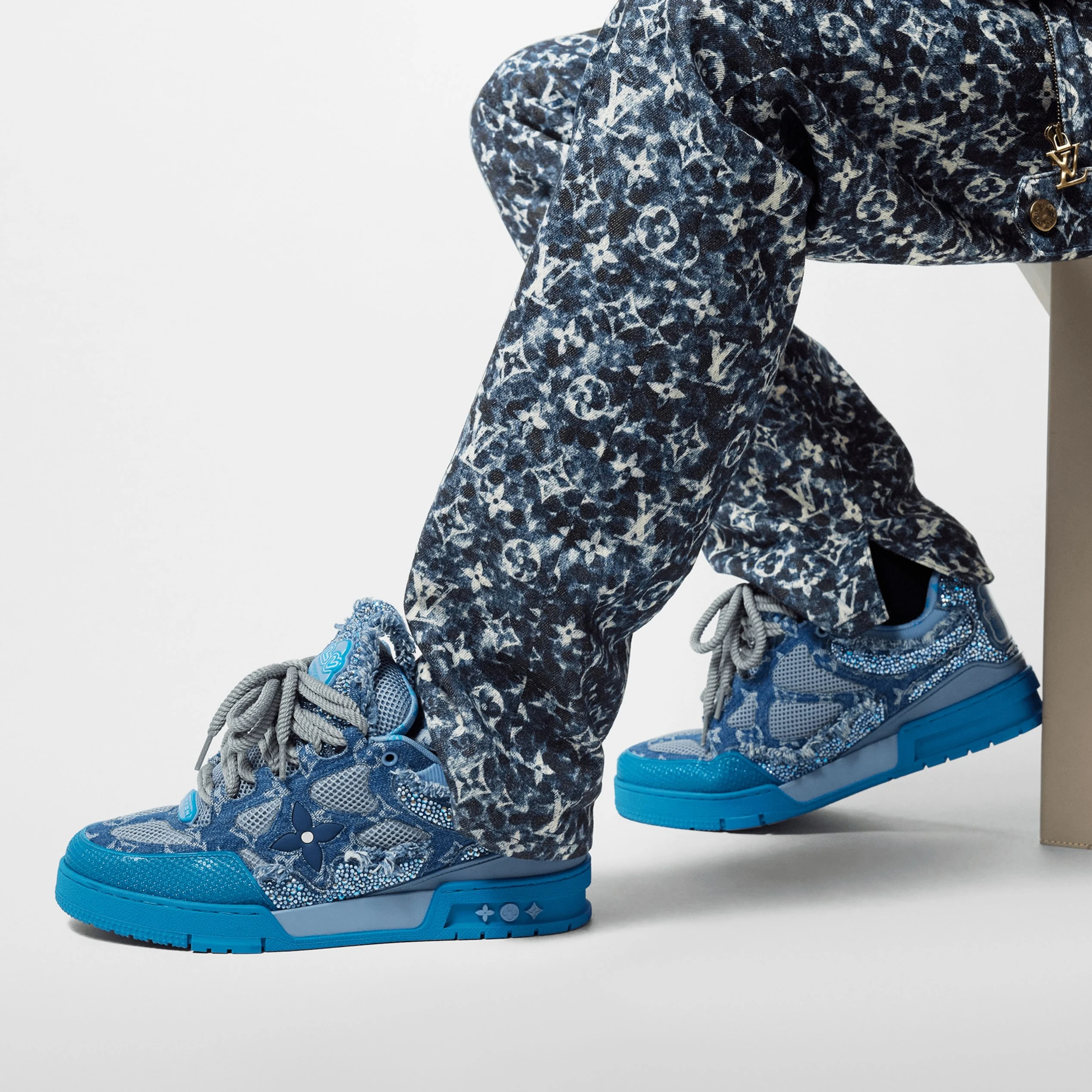 Replica bags Louis Vuitton LV Skate Sneaker Swarovski Crystals Monogram Denim Blue 1ABMHF