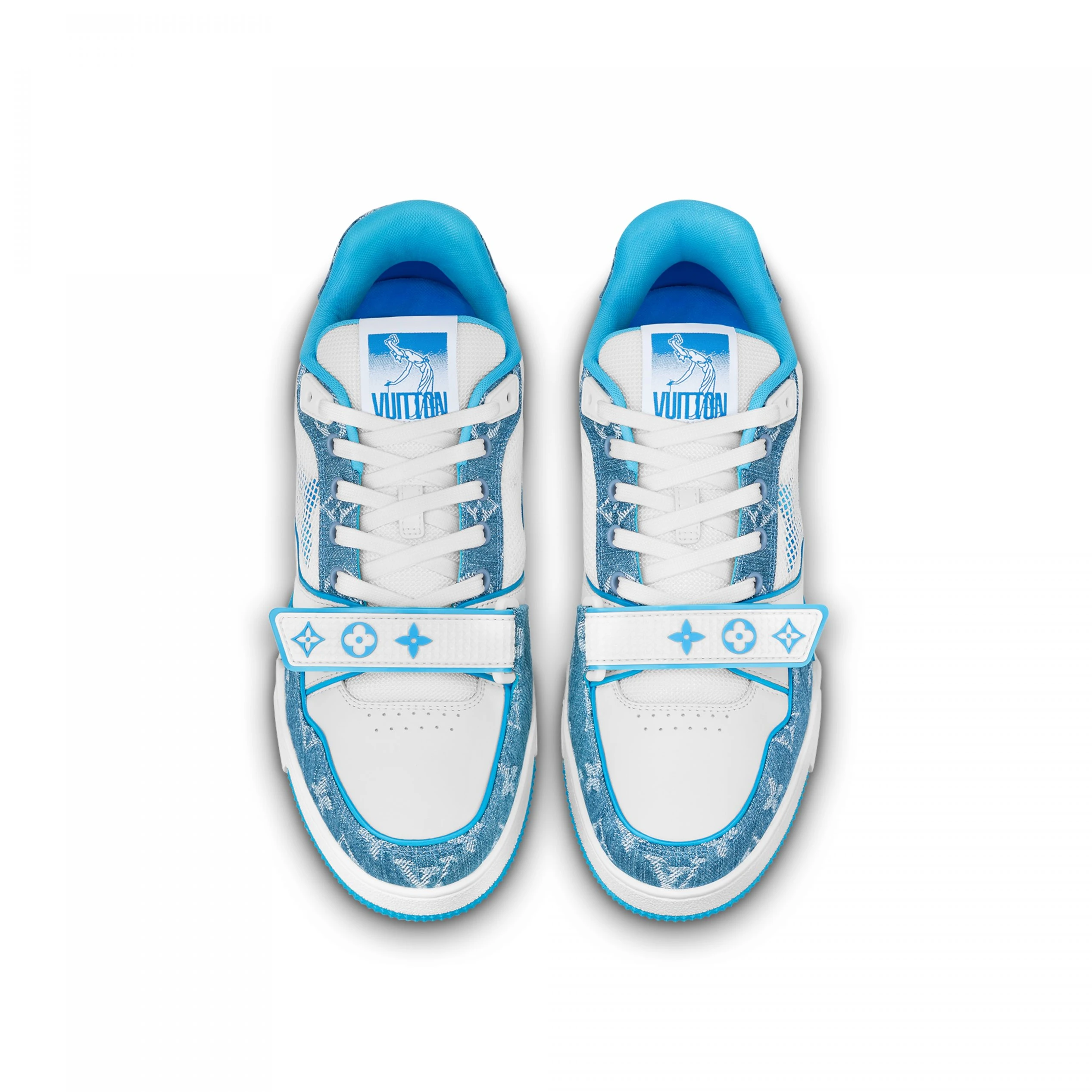 Lv belts replica Louis Vuitton LV Trainer Sneaker Velcro strap Monogram denim Blue 1A9ZI6