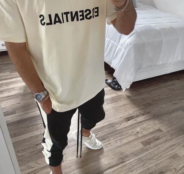 TTS Fear of God Essentials 20ss Double Line Letter Logo Printed Short sleeved T-shirt Black White Apricot Grey Camel XS S M L XL