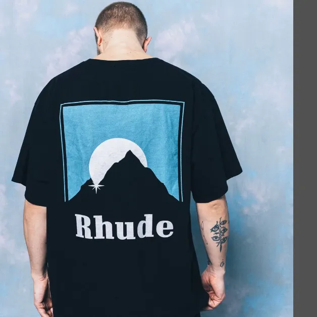 RHUDE 21ss Marlboro Snow Mountain Logo Printed High Street Short sleeved T-shirt Brown Blue S-XL