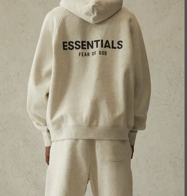 Fear Of God Essentials 21SS FOG Double Lined Back Silicone Letter Logo Printed Hoodie with Velvet Hoodie Black beige Khaki Grey Grey Brown Light Flower Grey Deep Flower Grey S M L XL