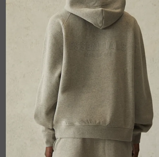 Fear Of God Essentials 21SS FOG Double Lined Back Silicone Letter Logo Printed Hoodie with Velvet Hoodie Black beige Khaki Grey Grey Brown Light Flower Grey Deep Flower Grey S M L XL