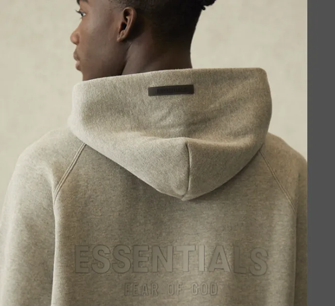 Fear Of God Essentials 21SS FOG Double Lined Back Silicone Letter Logo Printed Hoodie with Velvet Hoodie Black beige Khaki Grey Grey Brown Light Flower Grey Deep Flower Grey S M L XL