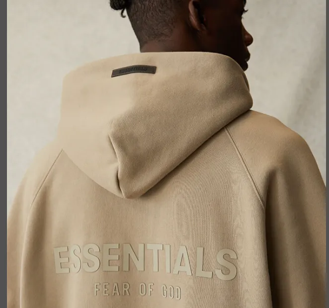 Fear Of God Essentials 21SS FOG Double Lined Back Silicone Letter Logo Printed Hoodie with Velvet Hoodie Black beige Khaki Grey Grey Brown Light Flower Grey Deep Flower Grey S M L XL