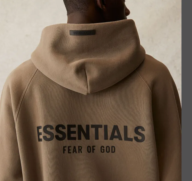 Fear Of God Essentials 21SS FOG Double Lined Back Silicone Letter Logo Printed Hoodie with Velvet Hoodie Black beige Khaki Grey Grey Brown Light Flower Grey Deep Flower Grey S M L XL