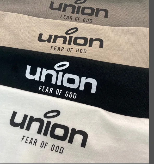 FEAR OF GOD x Union 30th Anniversary Co branded LOGO Letter Printed Short Sleeve T-shirt High Grade Grey Camel Rice White Blue Light Black S-XL