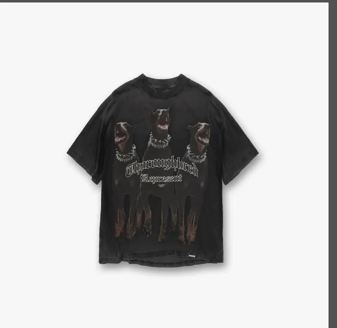 REPRESENT 21FW THOOUGHBRED T-SHIRT Hound print distressed washed short sleeved T-shirt S M L XL black retro white