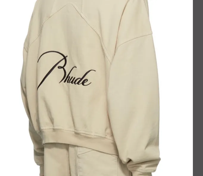 RHUDE Autumn Winter Retro Stand up Collar Half Zipper Logo Embroidered Splicing Hoodie Washed Black Apricot Flower Grey SMLXL