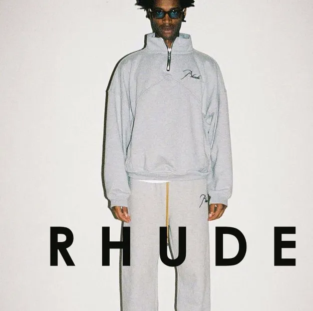 RHUDE Autumn Winter Retro Stand up Collar Half Zipper Logo Embroidered Splicing Hoodie Washed Black Apricot Flower Grey SMLXL