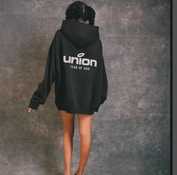 FEAR OF GOD x Union 30th Anniversary Co branded LOGO Letter Printed Fleece Hoodie with Green Rice White Blue Light Black S-XL