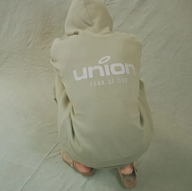 FEAR OF GOD x Union 30th Anniversary Co branded LOGO Letter Printed Fleece Hoodie with Green Rice White Blue Light Black S-XL