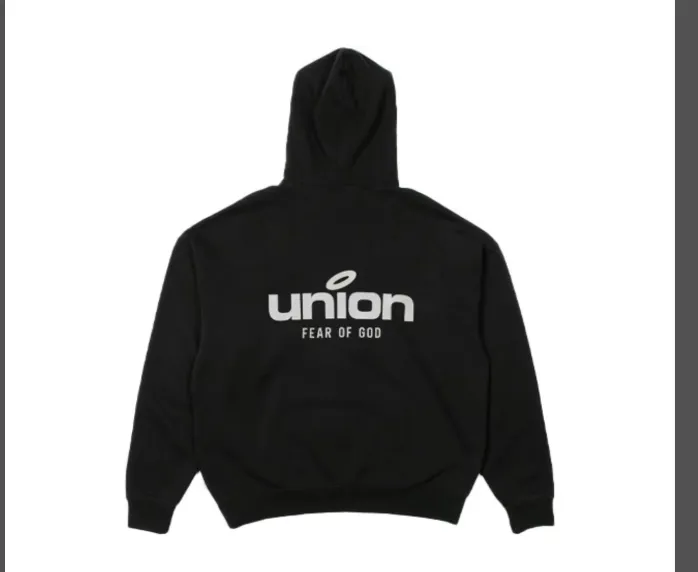 FEAR OF GOD x Union 30th Anniversary Co branded LOGO Letter Printed Fleece Hoodie with Green Rice White Blue Light Black S-XL