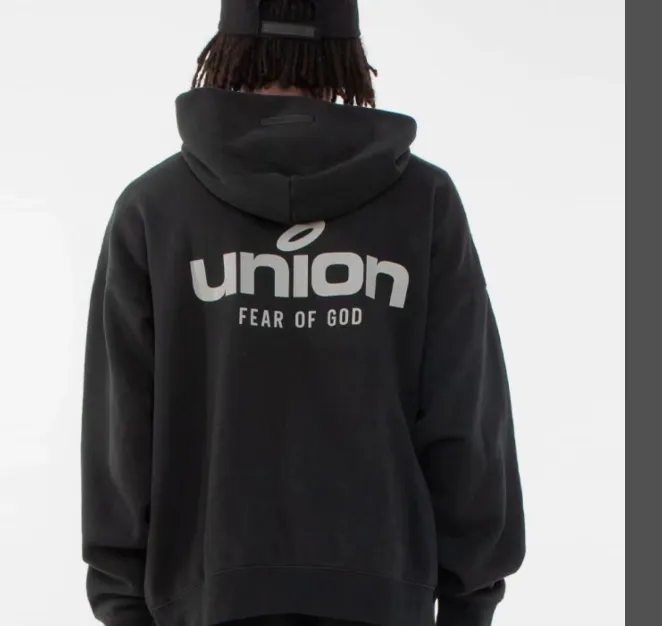 FEAR OF GOD x Union 30th Anniversary Co branded LOGO Letter Printed Fleece Hoodie with Green Rice White Blue Light Black S-XL