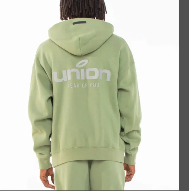 FEAR OF GOD x Union 30th Anniversary Co branded LOGO Letter Printed Fleece Hoodie with Green Rice White Blue Light Black S-XL