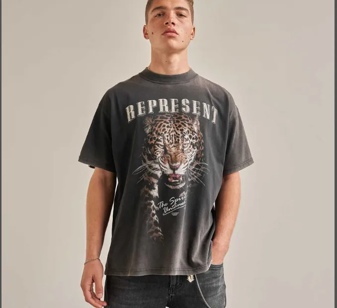 REPRESENT 21FW THE SPIRIT UNTAMED T-SHIRT leopard print washed and worn short sleeved T-shirt black S M L XL