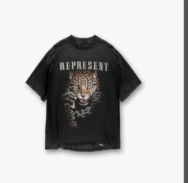 REPRESENT 21FW THE SPIRIT UNTAMED T-SHIRT leopard print washed and worn short sleeved T-shirt black S M L XL