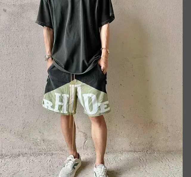 RHUDE Retro Letter Logo Printed Marlboro Two tone Splicing Drawstring Shorts Splicing S-XL