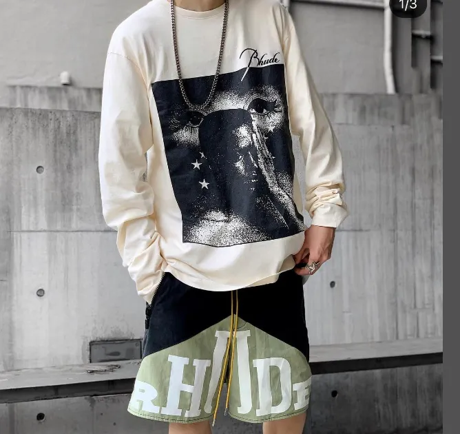 RHUDE Retro Letter Logo Printed Marlboro Two tone Splicing Drawstring Shorts Splicing S-XL