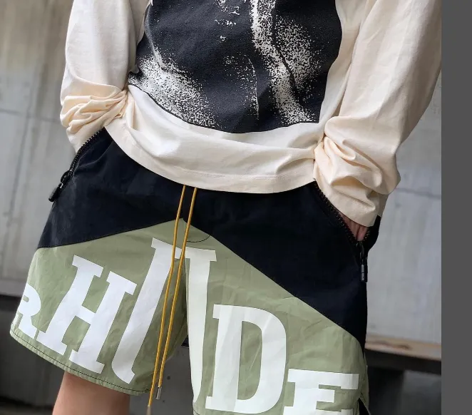 RHUDE Retro Letter Logo Printed Marlboro Two tone Splicing Drawstring Shorts Splicing S-XL