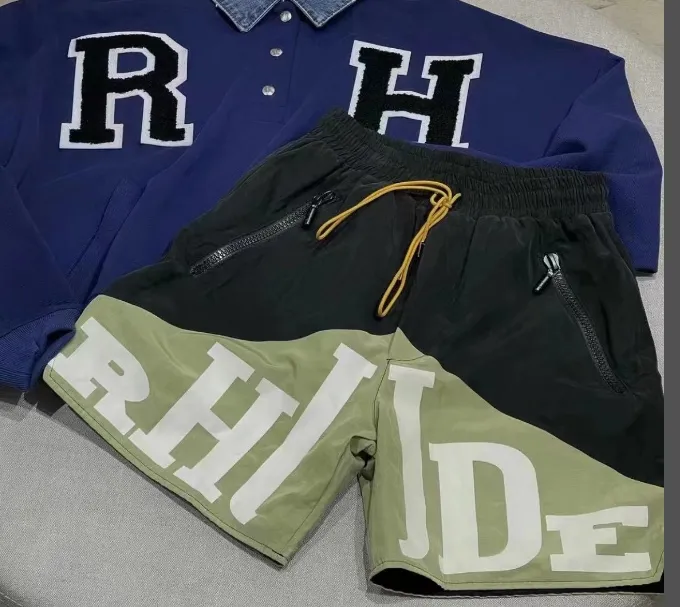 RHUDE Retro Letter Logo Printed Marlboro Two tone Splicing Drawstring Shorts Splicing S-XL