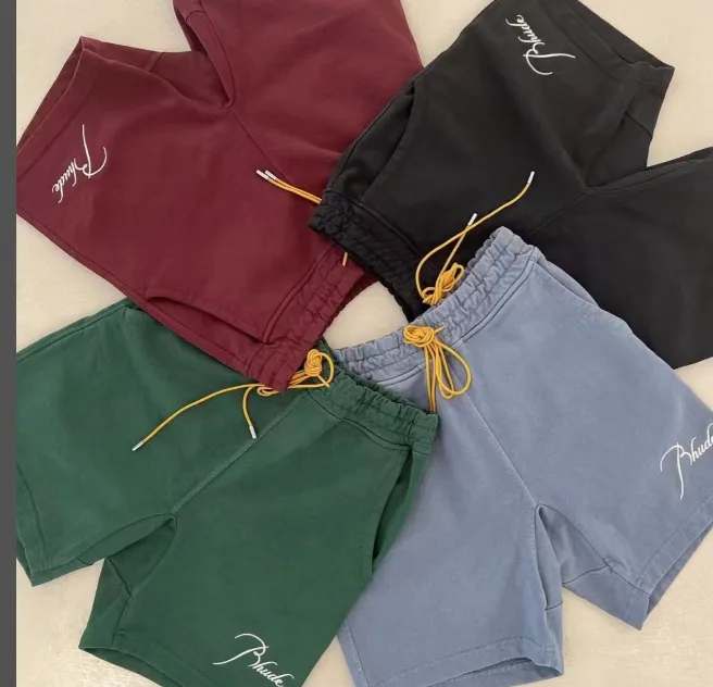 RHUDE Spring Summer Embroidered Logo Retro High Street Drawstring Shorts Apricot Light Blue Dark Green Black S-XL