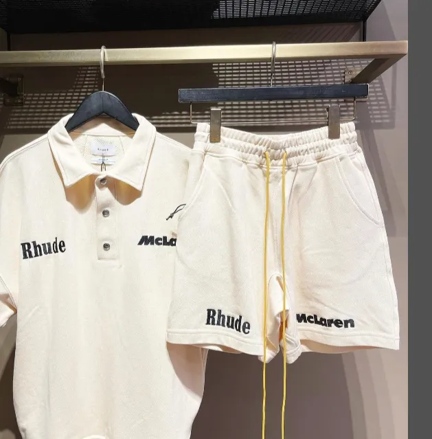 RHUDE x MCLAREN Co branded Letter Logo Embroidered Drawstring Shorts Apricot S-XL