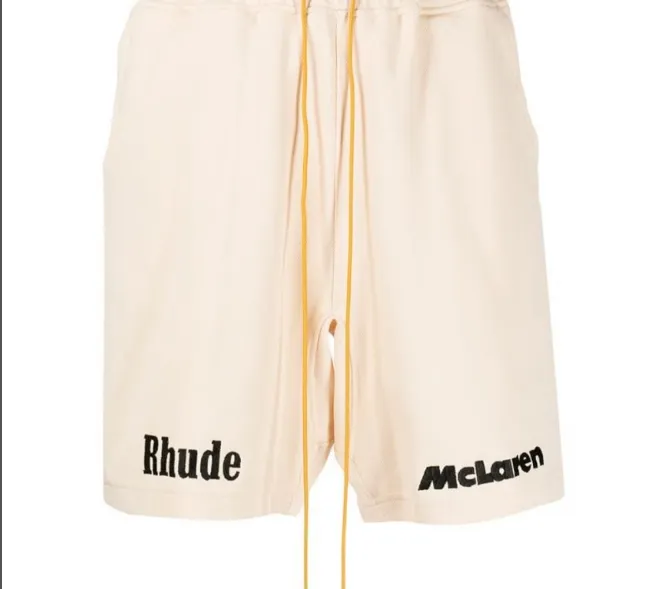 RHUDE x MCLAREN Co branded Letter Logo Embroidered Drawstring Shorts Apricot S-XL