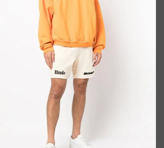 RHUDE x MCLAREN Co branded Letter Logo Embroidered Drawstring Shorts Apricot S-XL