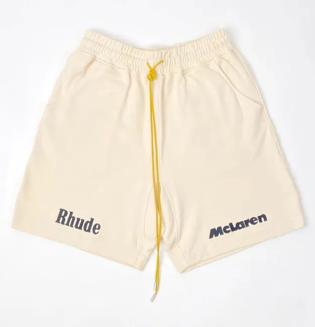 RHUDE x MCLAREN Co branded Letter Logo Embroidered Drawstring Shorts Apricot S-XL