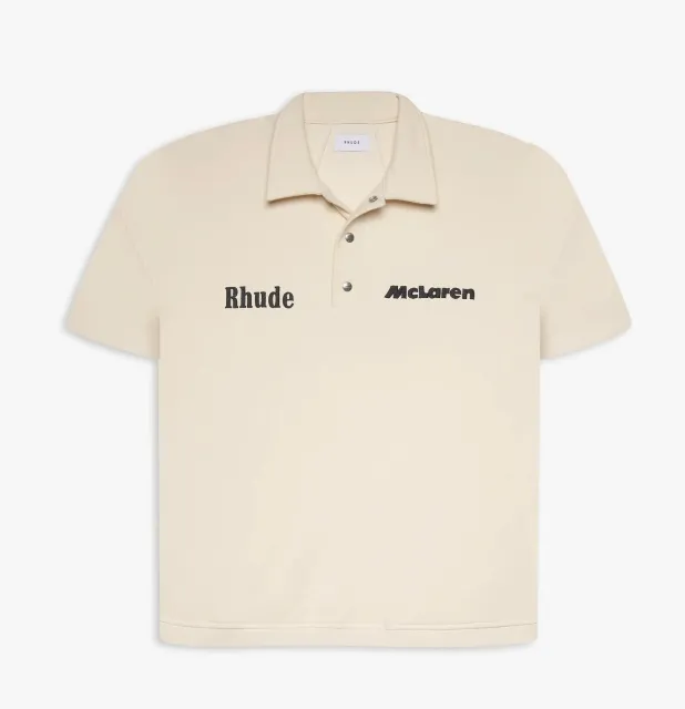 RHUDE x MCLAREN letter logo embroidered lapel sweater T-shirt in apricot color S-XL