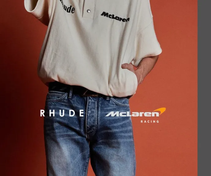 RHUDE x MCLAREN letter logo embroidered lapel sweater T-shirt in apricot color S-XL