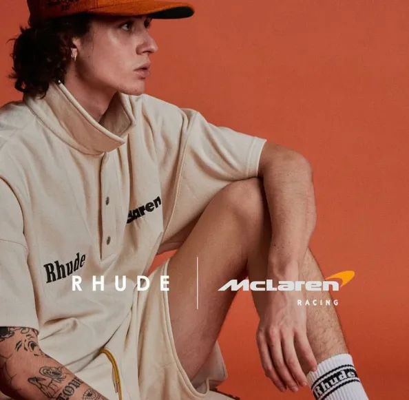 RHUDE x MCLAREN letter logo embroidered lapel sweater T-shirt in apricot color S-XL